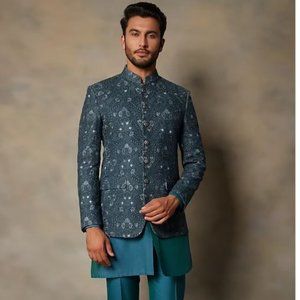 Teal Blue Embroidered Bandhgala Jacket With Kurta Set